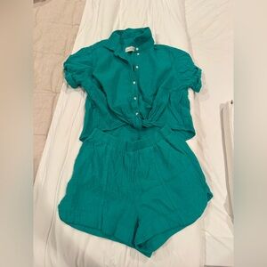 Green Button-Up Top & Shorts Set